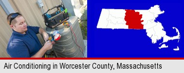 an HVAC contractor servicing an air conditioner; Worcester County highlighted in red on a map